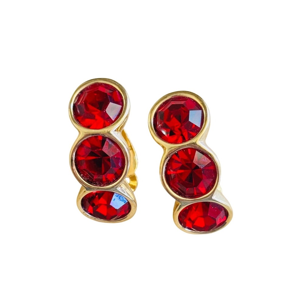 Swarovski Cuff Elegant Earrings Signed Jeweled Red Crystal Clip Authentic Gold